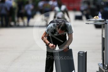 World © Octane Photographic Ltd. Sahara Force India mechanic preparing equipment. Thursday 15th September 2016, F1 Singapore GP Paddock, Marina Bay Circuit, Singapore. Digital Ref : 1713CB5D3489