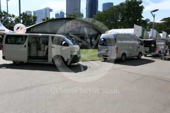 World © Octane Photographic Ltd. Video and Audio equipment loaded into 3 vans ready to be set up. Thursday 15th September 2016, F1 Singapore GP Paddock, Marina Bay Circuit, Singapore. Digital Ref : 1713CB5D3600