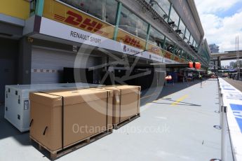 World © Octane Photographic Ltd. Renault Sport F1 Team RS16 closed garage with shipping containers. Thursday 15th September 2016, F1 Singapore GP Pitlane, Marina Bay Circuit, Singapore. Digital Ref : 1713LB2D8314