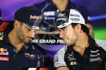 World © Octane Photographic Ltd. F1 Singapore GP FIA Drivers’ Press Conference, Marina Bay Circuit, Singapore. Thursday 15th September 2016. Red Bull Racing – Daniel Ricciardo and Sahara Force India - Sergio Perez. Digital Ref :1714LB1D8838