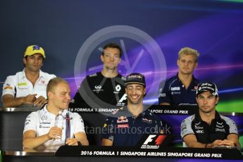 World © Octane Photographic Ltd. F1 Singapore GP FIA Drivers’ Press Conference, Marina Bay Circuit, Singapore. Thursday 15th September 2016. Williams Martini Racing – Valtteri Bottas, Sauber F1 Team – Marcus Ericsson, Sauber F1 Team – Felipe Nasr, Renault Sport F1 Team – Jolyon Palmer, Sahara Force India - Sergio Perez and Red Bull Racing – Daniel Ricciardo. Digital Ref :1714LB2D8387