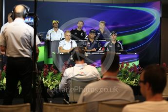 World © Octane Photographic Ltd. F1 Singapore GP FIA Drivers’ Press Conference, Marina Bay Circuit, Singapore. Thursday 15th September 2016. Williams Martini Racing – Valtteri Bottas, Sauber F1 Team – Marcus Ericsson, Sauber F1 Team – Felipe Nasr, Renault Sport F1 Team – Jolyon Palmer, Sahara Force India - Sergio Perez and Red Bull Racing – Daniel Ricciardo. Digital Ref :1714LB2D8394