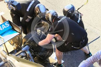 World © Octane Photographic Ltd. Mercedes AMG Petronas W07 Hybrid. Friday 13th May 2016, F1 Spanish GP Pit Stop Practice, Circuit de Barcelona Catalunya, Spain. Digital Ref :1537CB1D6574