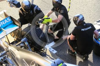 World © Octane Photographic Ltd. Mercedes AMG Petronas W07 Hybrid. Friday 13th May 2016, F1 Spanish GP Pit Stop Practice, Circuit de Barcelona Catalunya, Spain. Digital Ref :1537CB1D6584