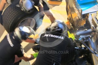 World © Octane Photographic Ltd. Mercedes AMG Petronas W07 Hybrid. Friday 13th May 2016, F1 Spanish GP Pit Stop Practice, Circuit de Barcelona Catalunya, Spain. Digital Ref :1537CB1D6593