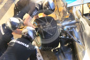 World © Octane Photographic Ltd. Mercedes AMG Petronas W07 Hybrid. Friday 13th May 2016, F1 Spanish GP Pit Stop Practice, Circuit de Barcelona Catalunya, Spain. Digital Ref :1537CB1D6601