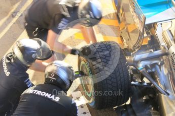 World © Octane Photographic Ltd. Mercedes AMG Petronas W07 Hybrid. Friday 13th May 2016, F1 Spanish GP Pit Stop Practice, Circuit de Barcelona Catalunya, Spain. Digital Ref :1537CB1D6606