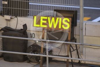 World © Octane Photographic Ltd. Mercedes AMG Petronas W07 Hybrid – Lewis Hamilton's pit board. Friday 13th May 2016, F1 Spanish GP Set up, Circuit de Barcelona Catalunya, Spain. Digital Ref :1537CB1D6651