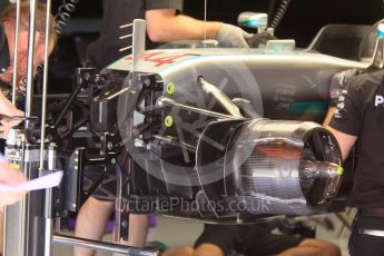 World © Octane Photographic Ltd. Mercedes AMG Petronas W07 Hybrid – front brakes. Friday 13th May 2016, F1 Spanish GP Post Practice 1 Pitlane, Circuit de Barcelona Catalunya, Spain. Digital Ref :1537LB1L7674