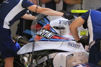 World © Octane Photographic Ltd. Williams Martini Racing, Williams Mercedes FW38 – Removing the engine cover. Friday 13th May 2016, F1 Spanish GP Post Practice 1 Pitlane, Circuit de Barcelona Catalunya, Spain. Digital Ref :1537LB1L7705