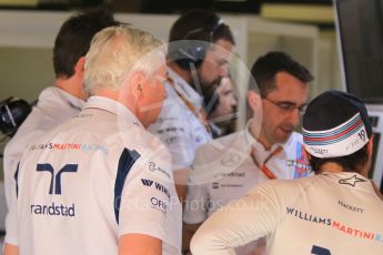 World © Octane Photographic Ltd. Williams Martini Racing, Williams Mercedes FW38 – Felipe Massa, Rob Smedley and Pat Symonds. Friday 13th May 2016, F1 Spanish GP Post Practice 1 Pitlane, Circuit de Barcelona Catalunya, Spain. Digital Ref :1537LB1L7729