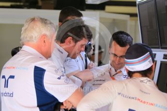 World © Octane Photographic Ltd. Williams Martini Racing, Williams Mercedes FW38 – Felipe Massa, Rob Smedley and Pat Symonds. Friday 13th May 2016, F1 Spanish GP Post Practice 1 Pitlane, Circuit de Barcelona Catalunya, Spain. Digital Ref :1537LB1L7739