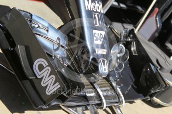 World © Octane Photographic Ltd. McLaren Honda MP4-31 – front wing. Friday 13th May 2016, F1 Spanish GP Post Practice 1 Pitlane, Circuit de Barcelona Catalunya, Spain. Digital Ref :1537LB1L7780