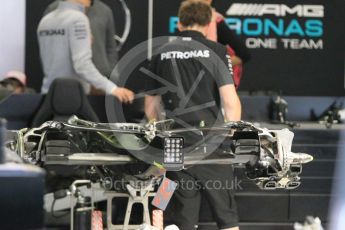 World © Octane Photographic Ltd. Mercedes AMG Petronas W07 Hybrid – gearbox and rear suspension. Friday 13th May 2016, F1 Spanish GP Post Practice 2 Pitlane, Circuit de Barcelona Catalunya, Spain. Digital Ref :1537LB1L8814
