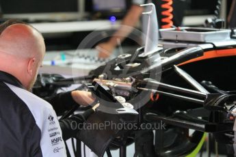 World © Octane Photographic Ltd. Sahara Force India VJM09 - gearbox and front suspension. Friday 13th May 2016, F1 Spanish GP Post Practice 2 Pitlane, Circuit de Barcelona Catalunya, Spain. Digital Ref :1537LB1L8909