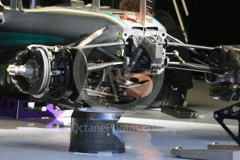 World © Octane Photographic Ltd. Mercedes AMG Petronas W07 Hybrid – front brakes and suspension. Friday 13th May 2016, F1 Spanish GP Post Practice 1 Pitlane, Circuit de Barcelona Catalunya, Spain. Digital Ref :1537LB5D3090