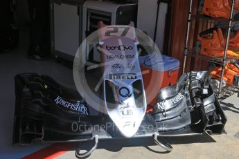 World © Octane Photographic Ltd. Sahara Force India VJM09 - Nico Hulkenberg - front wing. Friday 13th May 2016, F1 Spanish GP Post Practice 1 Pitlane, Circuit de Barcelona Catalunya, Spain. Digital Ref :1537LB7D6681