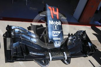 World © Octane Photographic Ltd. McLaren Honda MP4-31 – front wing. Friday 13th May 2016, F1 Spanish GP Post Practice 1 Pitlane, Circuit de Barcelona Catalunya, Spain. Digital Ref :1537LB7D6683