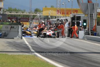 World © Octane Photographic Ltd. ART Grand Prix - GP2/11 – Nobuharu Matsushita stalls at the front of the line up to leave the pits causing a short delay in action. Friday 13th May 2016, GP2 Practice, Circuit de Barcelona Catalunya, Spain. Digital Ref :1538CB1D7925
