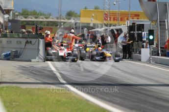 World © Octane Photographic Ltd. ART Grand Prix - GP2/11 – Nobuharu Matsushita stalls at the front of the line up to leave the pits causing a short delay in action. Friday 13th May 2016, GP2 Practice, Circuit de Barcelona Catalunya, Spain. Digital Ref :1538CB1D7936