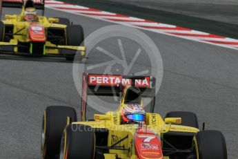 World © Octane Photographic Ltd. Pertamina Campos Racing - GP2/11 – Mitch Evans and Sean Gelael. Friday 13th May 2016, GP2 Qualifying, Circuit de Barcelona Catalunya, Spain. Digital Ref :1541CB7D6840