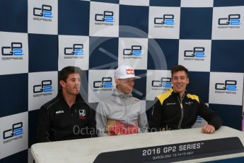 World © Octane Photographic Ltd. PREMA Racing - Pierre Gasly, Norman Nato - Racing Engineering and Alex Lynn - DAMS. Friday 13th May 2016, Post GP2 Qualifying Press Conference, Circuit de Barcelona Catalunya, Spain. Digital Ref : 1541LB5D3761