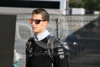 World © Octane Photographic Ltd. McLaren Honda MP4-31 Reserve Driver – Stoffel Vandoorne. Saturday 14th May 2016, F1 Spanish GP Paddock, Circuit de Barcelona Catalunya, Spain. Digital Ref :1544CB7D7129