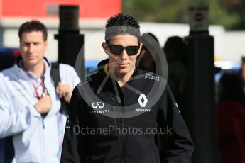 World © Octane Photographic Ltd. Renault Sport F1 Team RS16 Reserve Driver – Esteban Ocon. Saturday 14th May 2016, F1 Spanish GP Paddock, Circuit de Barcelona Catalunya, Spain. Digital Ref :1544LB1D5994