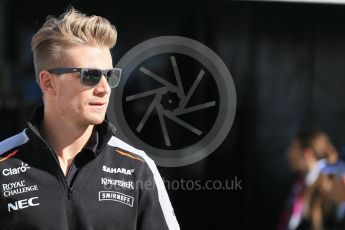 World © Octane Photographic Ltd. Sahara Force India VJM09 - Nico Hulkenberg. Saturday 14th May 2016, F1 Spanish GP Paddock, Circuit de Barcelona Catalunya, Spain. Digital Ref :1544LB1D6005