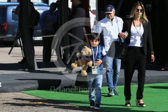 World © Octane Photographic Ltd. Williams Martini Racing, Williams Mercedes FW38 – Felipe Massa with son Felipinho Massa and wife Anna Raffaela Bassi. Saturday 14th May 2016, F1 Spanish GP Paddock, Circuit de Barcelona Catalunya, Spain. Digital Ref :1544LB1D6026