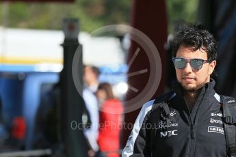 World © Octane Photographic Ltd. Sahara Force India VJM09 - Sergio Perez. Saturday 14th May 2016, F1 Spanish GP Paddock, Circuit de Barcelona Catalunya, Spain. Digital Ref :1544LB1D6094