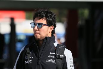 World © Octane Photographic Ltd. Sahara Force India VJM09 - Sergio Perez. Saturday 14th May 2016, F1 Spanish GP Paddock, Circuit de Barcelona Catalunya, Spain. Digital Ref :1544LB1D6102