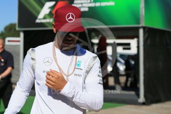 World © Octane Photographic Ltd. Mercedes AMG Petronas W07 Hybrid – Lewis Hamilton. Saturday 14th May 2016, F1 Spanish GP Paddock, Circuit de Barcelona Catalunya, Spain. Digital Ref :1544LB1D6135