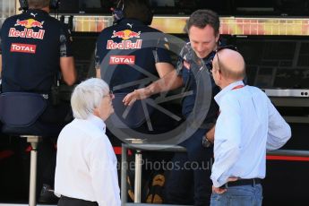 World © Octane Photographic Ltd. Bernie Ecclestone talks with Christian Horner and CVCs Donald Mackenzie. Saturday 14th May 2016, F1 Spanish GP - Practice 3, Circuit de Barcelona Catalunya, Spain. Digital Ref : 1545LB1D6437