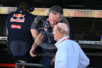 World © Octane Photographic Ltd. Bernie Ecclestone talks with Christian Horner and CVCs Donald Mackenzie. Saturday 14th May 2016, F1 Spanish GP - Practice 3, Circuit de Barcelona Catalunya, Spain. Digital Ref : 1545LB1D6453