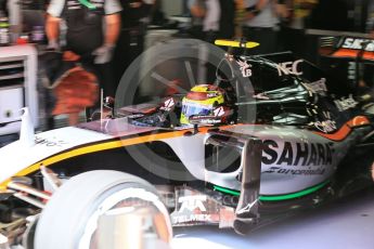 World © Octane Photographic Ltd. Sahara Force India VJM09 - Sergio Perez. Saturday 14th May 2016, F1 Spanish GP - Practice 3, Circuit de Barcelona Catalunya, Spain. Digital Ref : 1545LB5D3876