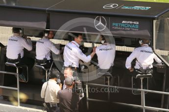 World © Octane Photographic Ltd. Mercedes AMG Petronas pit wall. Saturday 14th May 2016, F1 Spanish GP - Qualifying, Circuit de Barcelona Catalunya, Spain. Digital Ref : 1546CB1D9816
