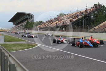 World © Octane Photographic Ltd. The pack head down to turn 1. Saturday 14th May 2016, GP3 Race 1, Circuit de Barcelona Catalunya, Spain. Digital Ref :