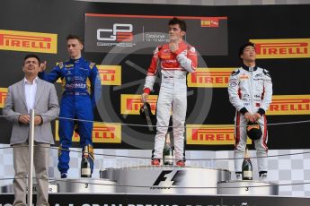 World © Octane Photographic Ltd. ART Grand Prix – Charles Leclerc (1st), DAMS – Jake Hughes (2nd) and ART Grand Prix – Nirei Fukuzumi (3rd). Saturday 14th May 2016, GP3 Race 1, Circuit de Barcelona Catalunya, Spain. Digital Ref :