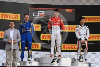 World © Octane Photographic Ltd. ART Grand Prix – Charles Leclerc (1st), DAMS – Jake Hughes (2nd) and ART Grand Prix – Nirei Fukuzumi (3rd). Saturday 14th May 2016, GP3 Race 1, Circuit de Barcelona Catalunya, Spain. Digital Ref :