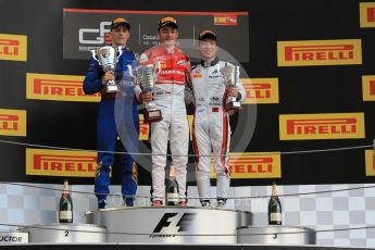 World © Octane Photographic Ltd. ART Grand Prix – Charles Leclerc (1st), DAMS – Jake Hughes (2nd) and ART Grand Prix – Nirei Fukuzumi (3rd). Saturday 14th May 2016, GP3 Race 1, Circuit de Barcelona Catalunya, Spain. Digital Ref :