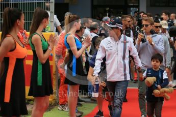 World © Octane Photographic Ltd. Williams Martini Racing, Williams Mercedes FW38 – Felipe and son Felipinho Massa (with bear). Sunday 15th May 2016, F1 Spanish GP Drivers’ Parade, Circuit de Barcelona Catalunya, Spain. Digital Ref :