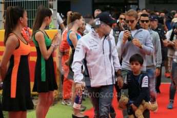 World © Octane Photographic Ltd. Williams Martini Racing, Williams Mercedes FW38 – Felipe and son Felipinho Massa (with bear). Sunday 15th May 2016, F1 Spanish GP Drivers’ Parade, Circuit de Barcelona Catalunya, Spain. Digital Ref :