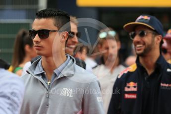 World © Octane Photographic Ltd. Manor Racing MRT05 - Pascal Wehrlein and Red Bull Racing RB12 – Daniel Ricciardo. Sunday 15th May 2016, F1 Spanish GP Drivers’ Parade, Circuit de Barcelona Catalunya, Spain. Digital Ref :