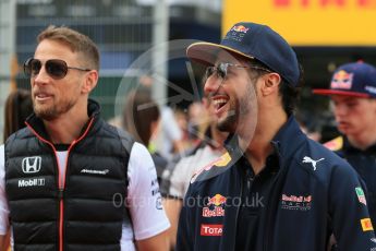 World © Octane Photographic Ltd. Red Bull Racing RB12 – Daniel Ricciardo and McLaren Honda MP4-31 – Jenson Button. Sunday 15th May 2016, F1 Spanish GP Drivers’ Parade, Circuit de Barcelona Catalunya, Spain. Digital Ref :