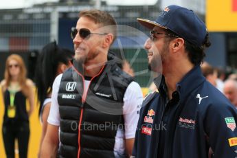 World © Octane Photographic Ltd. Red Bull Racing RB12 – Daniel Ricciardo and McLaren Honda MP4-31 – Jenson Button. Sunday 15th May 2016, F1 Spanish GP Drivers’ Parade, Circuit de Barcelona Catalunya, Spain. Digital Ref :