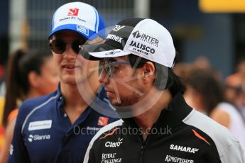 World © Octane Photographic Ltd. Sahara Force India VJM09 - Sergio Perez and Sauber F1 Team C35 – Marcus Ericsson. Sunday 15th May 2016, F1 Spanish GP Drivers’ Parade, Circuit de Barcelona Catalunya, Spain. Digital Ref :