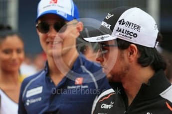 World © Octane Photographic Ltd. Sahara Force India VJM09 - Sergio Perez and Sauber F1 Team C35 – Marcus Ericsson. Sunday 15th May 2016, F1 Spanish GP Drivers’ Parade, Circuit de Barcelona Catalunya, Spain. Digital Ref :
