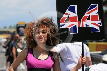 World © Octane Photographic Ltd. Lewis Hamilton's Pirelli Grid Girl. Sunday 15th May 2016, F1 Spanish GP Grid, Circuit de Barcelona Catalunya, Spain. Digital Ref :