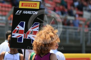 World © Octane Photographic Ltd. Lewis Hamilton's Pirelli Grid Girl. Sunday 15th May 2016, F1 Spanish GP Grid, Circuit de Barcelona Catalunya, Spain. Digital Ref :